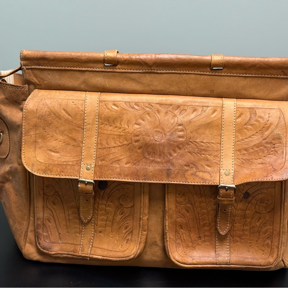 Vintage Tan Leather Hand Tooled Bag